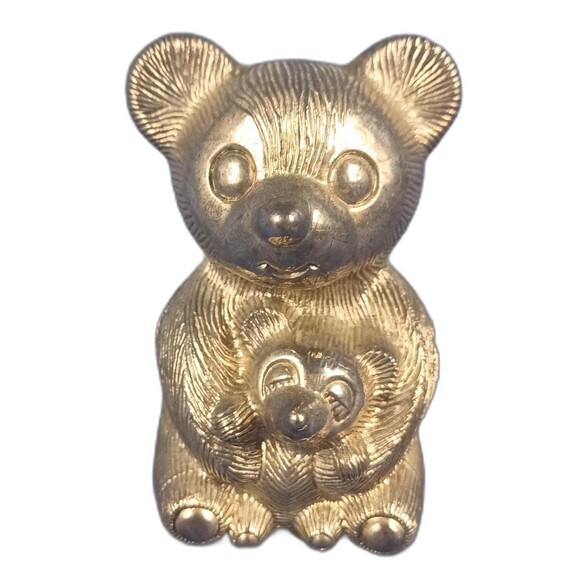 Silver Plated Teddy Bear Piggy Bank Coin Bank With Mom And Bear Cub - Picture 1 of 9